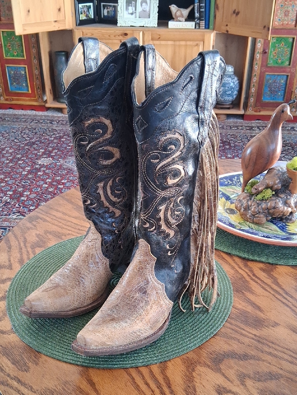 Corral Vintage Leather Brown Tan Inlay Snip Toe Fringe Western Boots Size 7 - Picture 3 of 13
